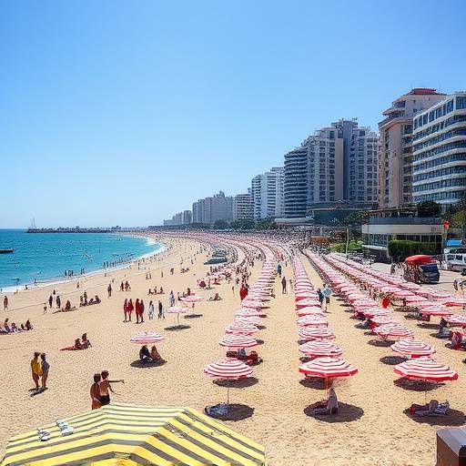 Playa de Levante en Salou con sombrillas, gente disfrutando del sol y edificios modernos al fondo