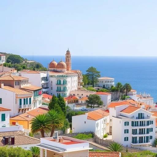 Vista de Sitges con casas blancas, la iglesia de San Bartolom&eacute; y Santa Tecla y el mar Mediterr&aacute;neo